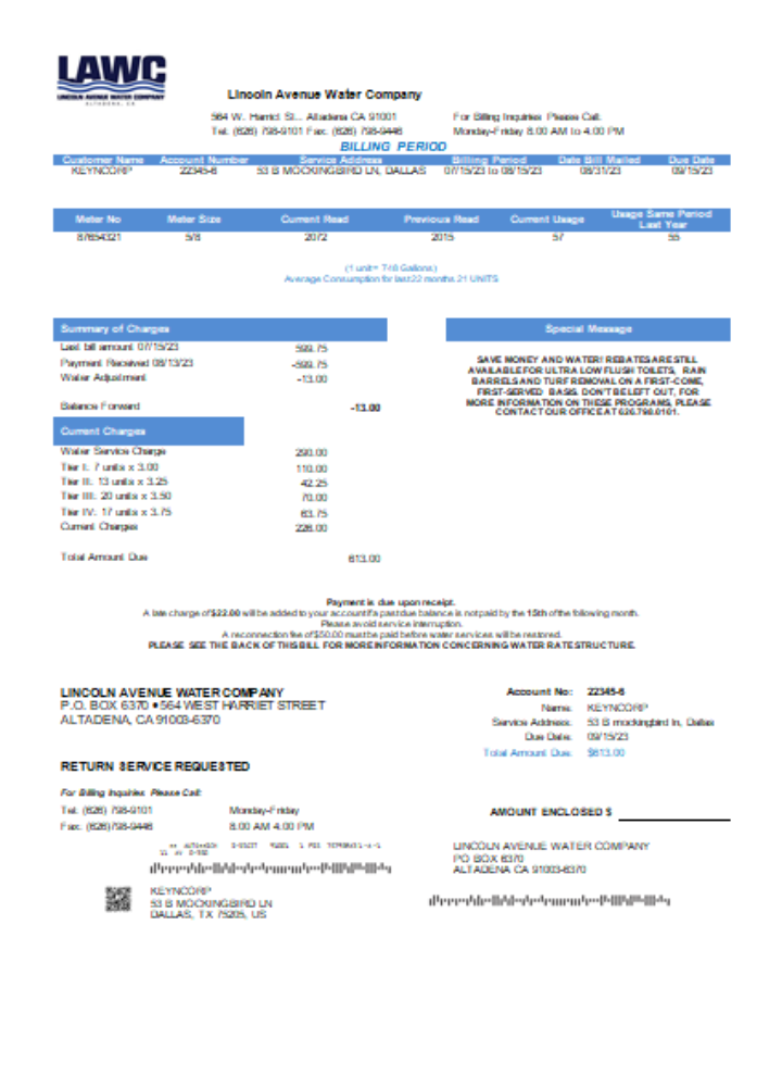 Lincoln Avenue Water Company utility business bill SCR PSD template